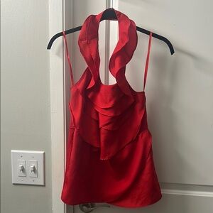 Akira Red Halter Top with Ruffle Detail